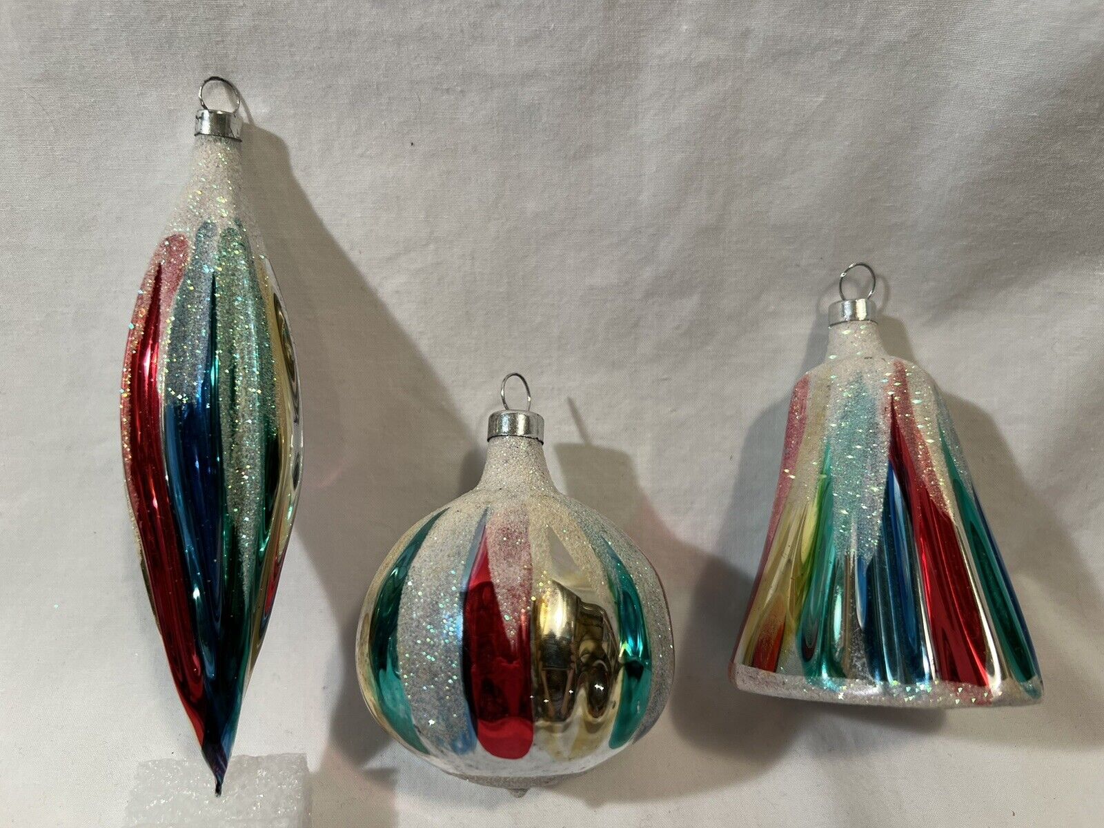 3 Vtg Bradford Handblown Glass Icicle Bell Ball Ornaments Red,Blue,Green, Gold