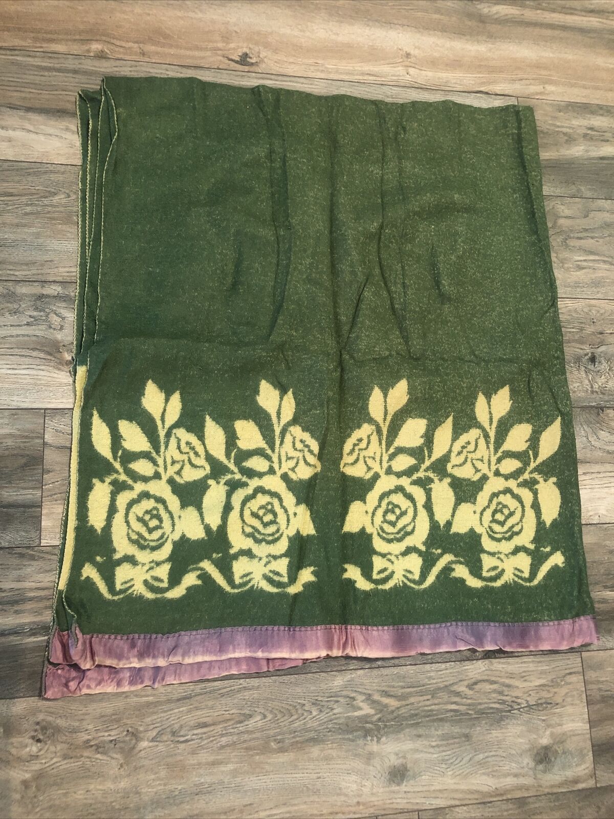 Vintage 50’s Wool Cotton Blend Blanket Satin Trim 60 x 68