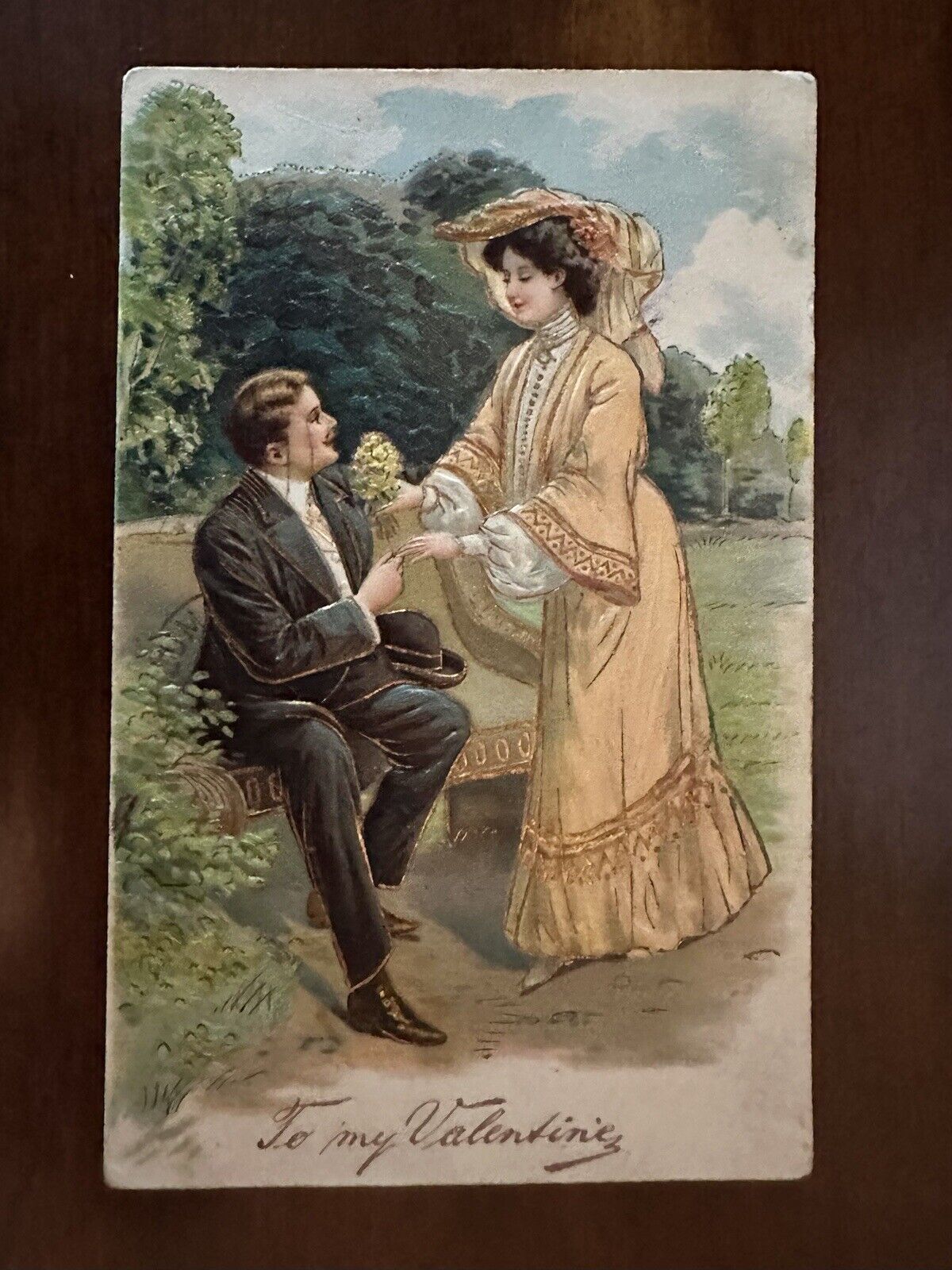 Vintage Valentine Postcard “To My Valentine” Man & Woman Gold Lined Embossed H82