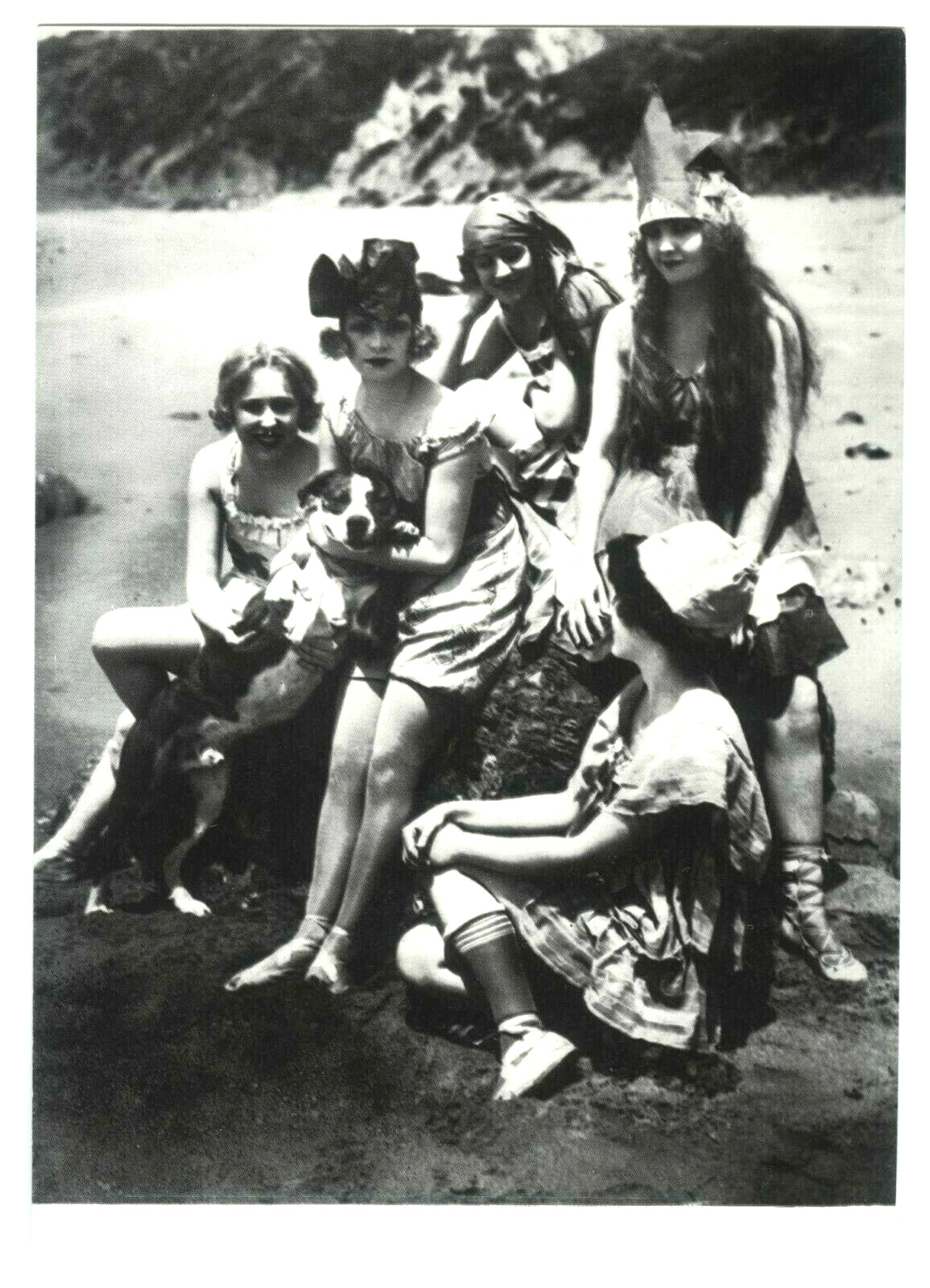 1920s VINTAGE BATHING BEAUTIES PIN-UP GIRLS GROUP&DOG on BEACH~NEW 1974 POSTCARD