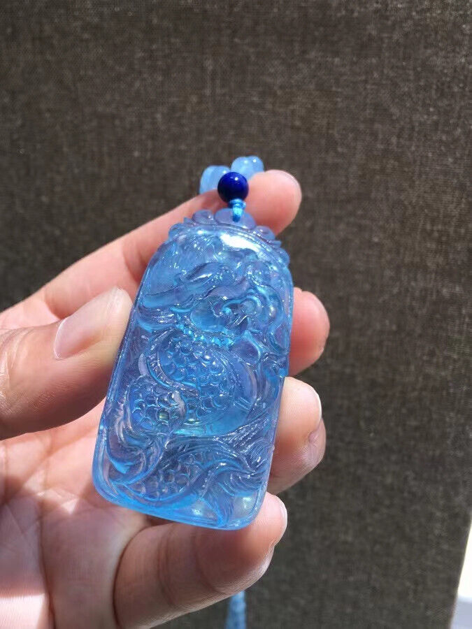 60*30mm Natural Blue Aquamarine Gemstone Translucent Carving Pendant AAA