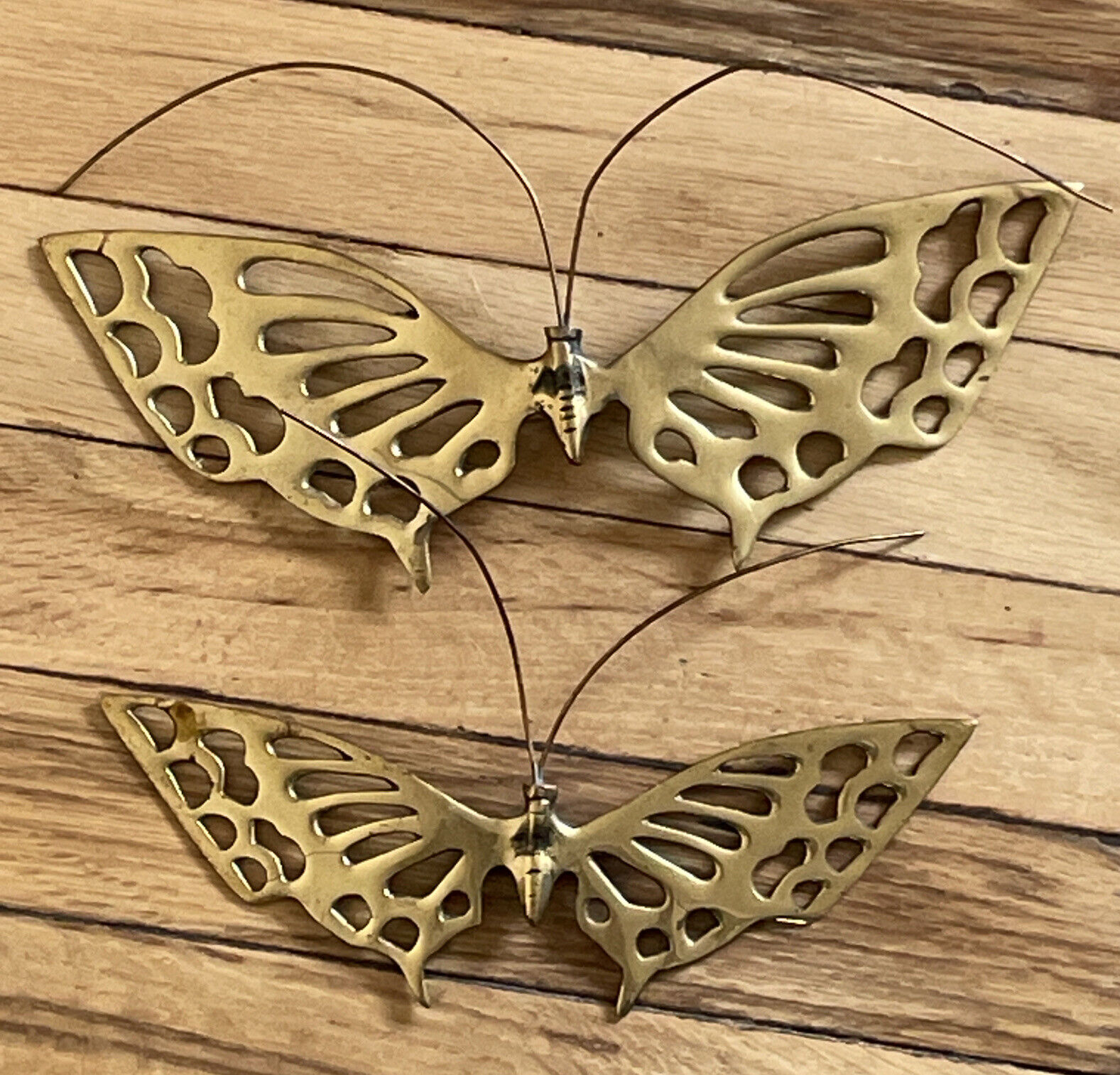 2 Vtg Brass Butterfly Wall Hanging Deco Boho MCM Hanging Loops Attached 10\