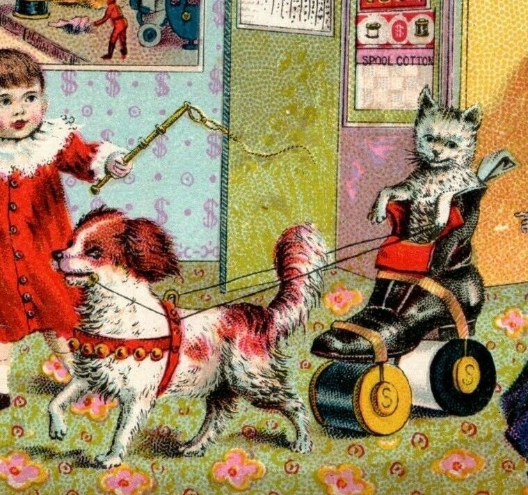 1880s Kerr\'s Spool Cotton Dog Pulling Cat In Shoe Carriage Children Lady P224