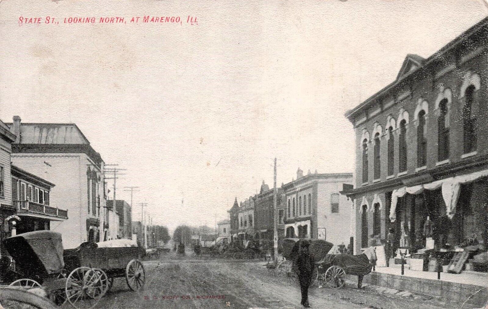Marengo IL Illinois State Main Street Early 1900s Store Buggy Vtg Postcard E22