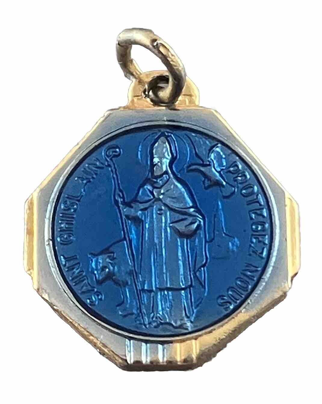 Vintage Catholic Saint Ghislain Blue Enamel & Silver Tone Religious Medal