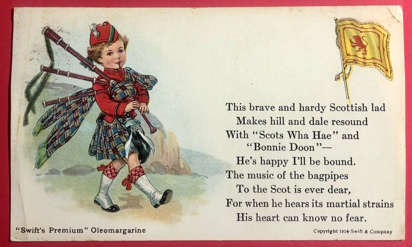 Postcard Swift\'s Premium Oleomargarine Advertising Scottish Lad Bagpipe