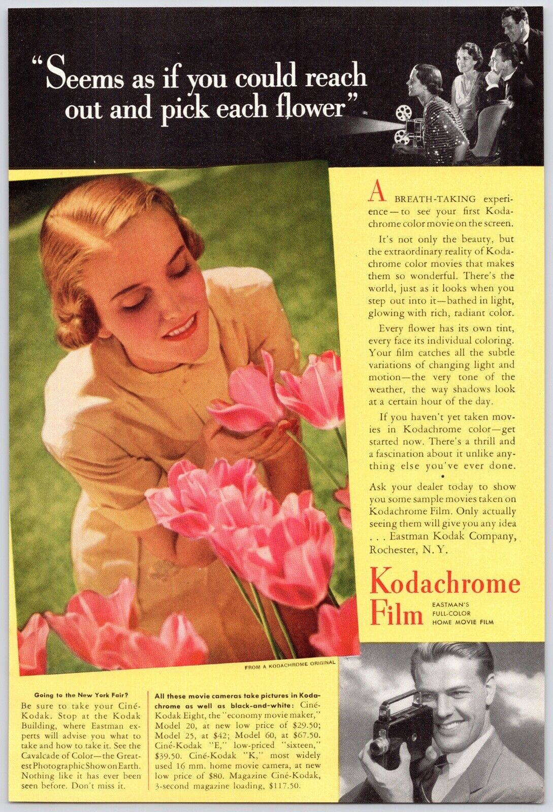 1938 Cine Kodak Eight Home Movie Camera Kodachrome Color Vintage 30s Print Ad
