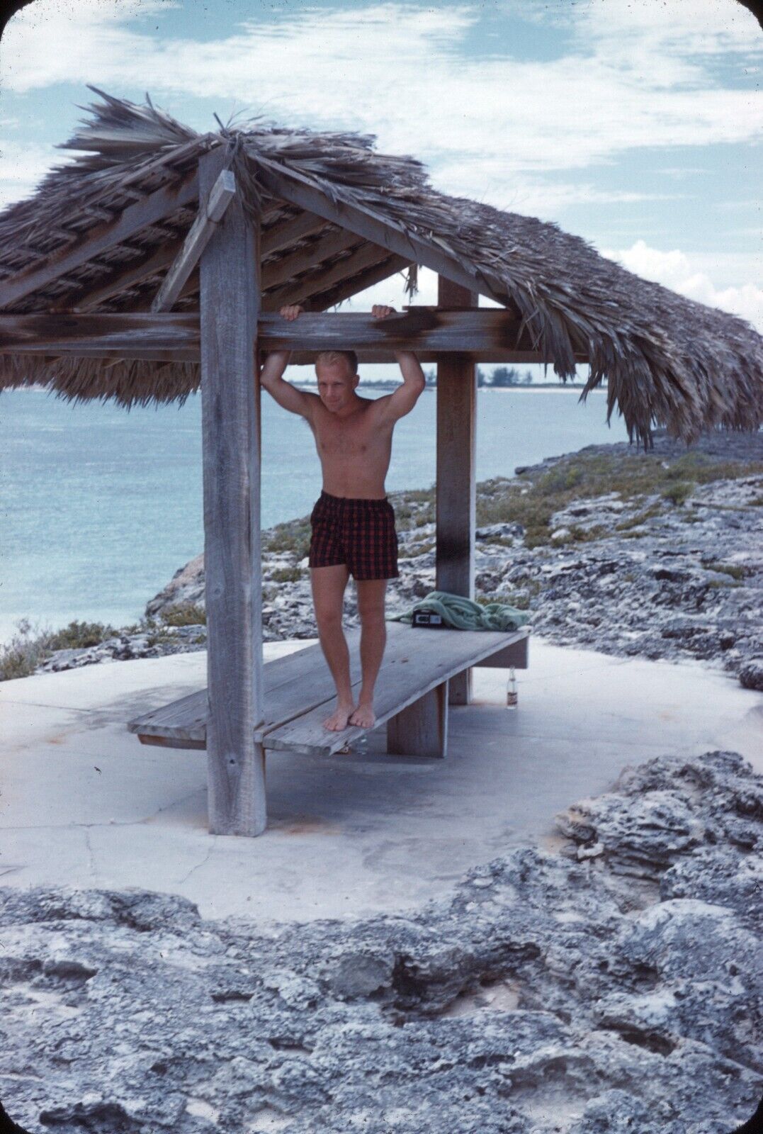 1958 Handsome Man Standing Under Hut Paradise Beach Florida Vintage 35mm Slide