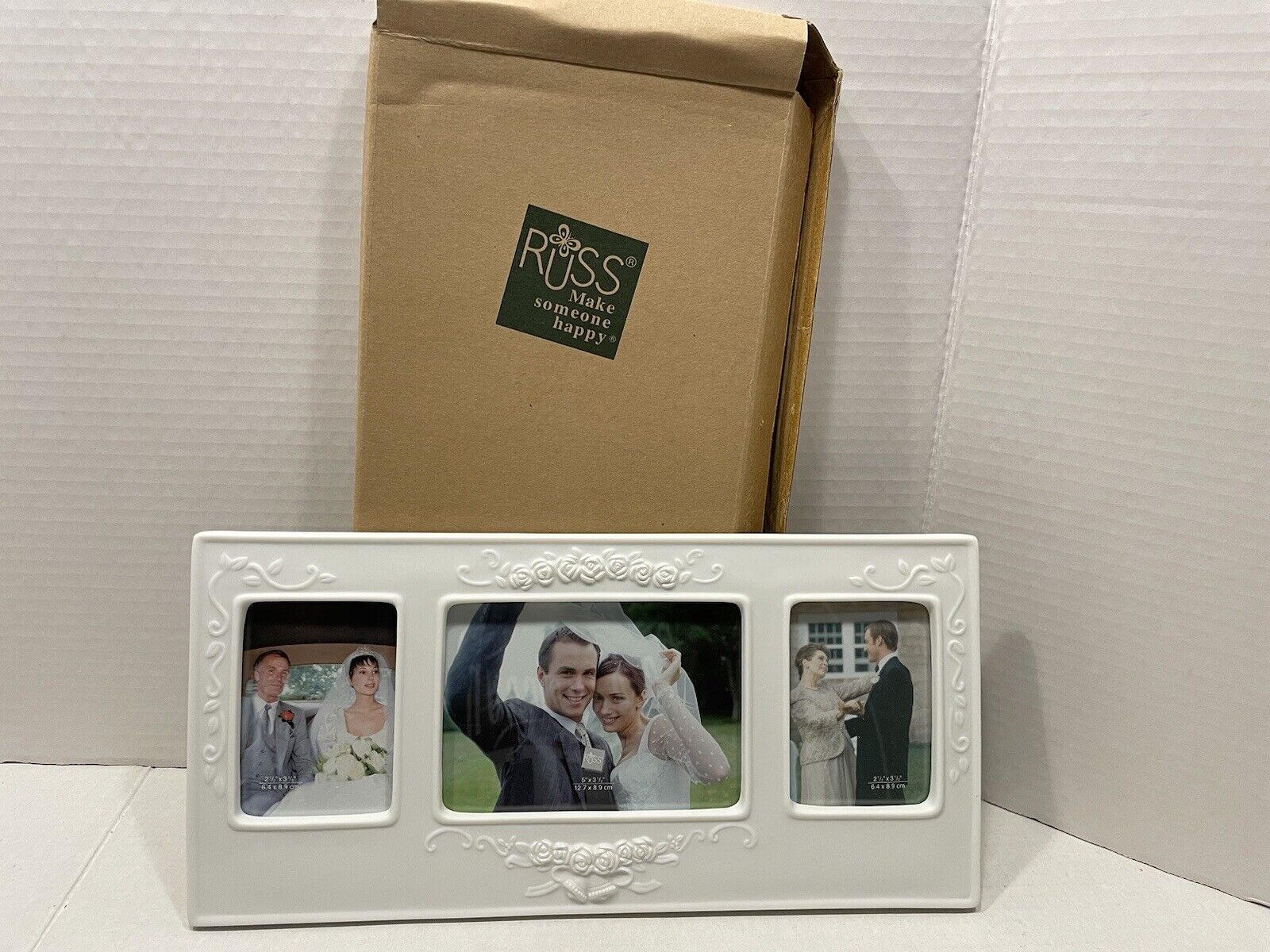 Russ Berrie White Lace And Promises Porcelain Our Family Frame 3 Photos W/Box