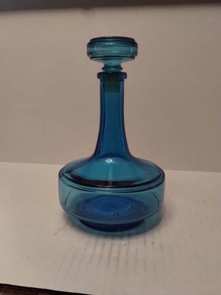 Vintage Blue Glass Decanter W/Stopper Made In Belgium 8\