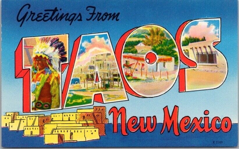 Vintage TAOS, New Mexico Large Letter Postcard Multi-View / Plastichrome c1950s