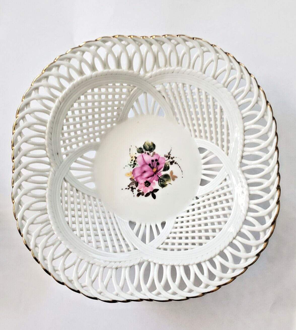 Romanian Signed Lace Porcelain Reticulated Lattice Bowl Hand Painted Florals 