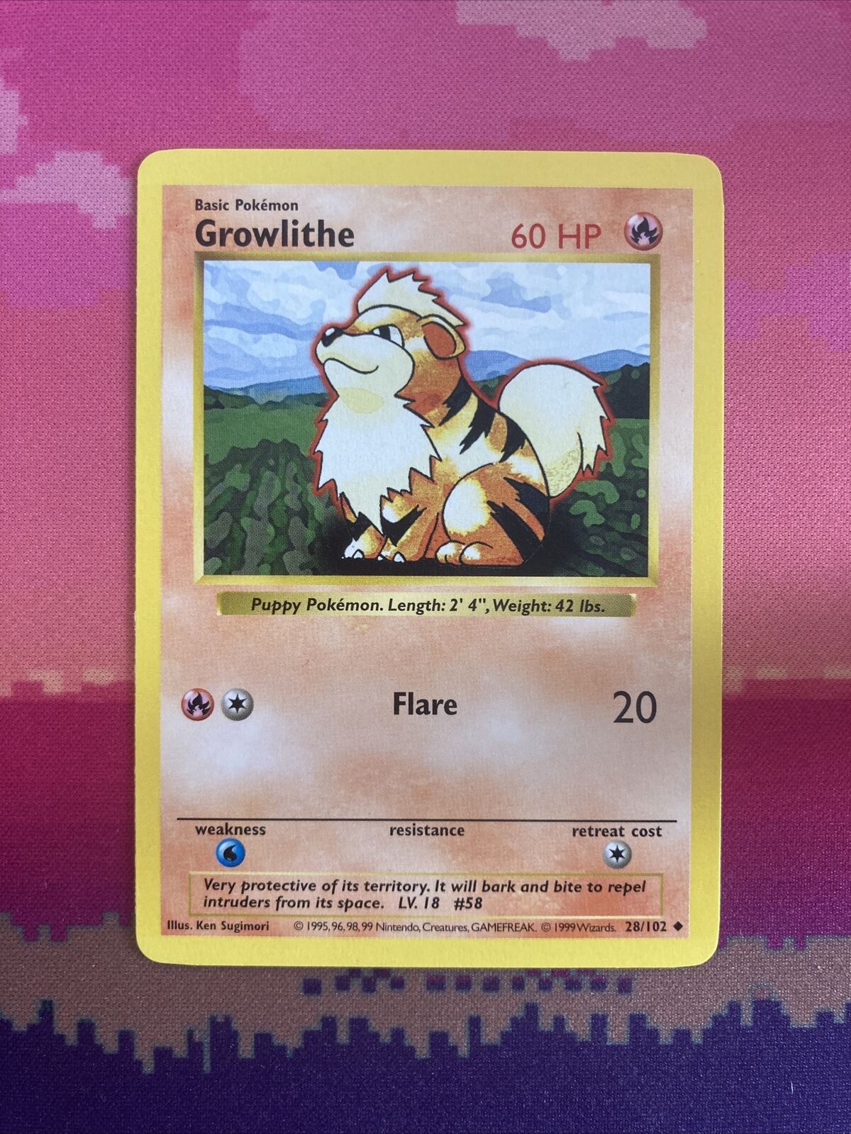 Pokemon Card Growlithe Shadowless Base Set Uncommon 28/102 Near Mint Condition