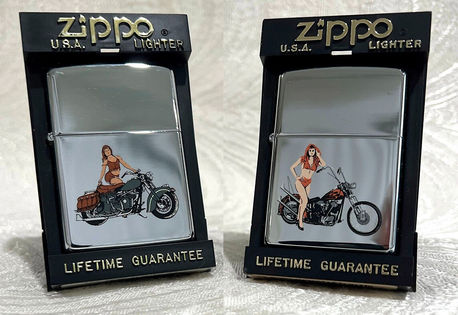 Two Vintage Zippo Lighters Indian Motorcycle Harley Knucklehead Pin Up