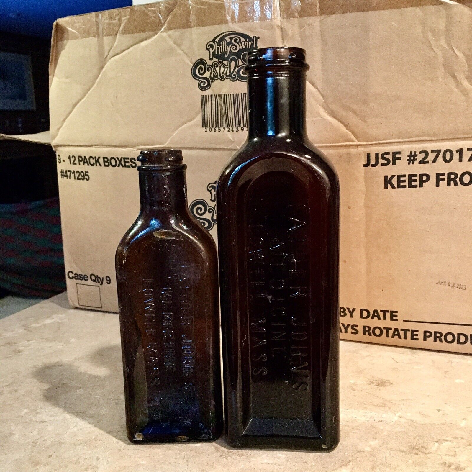 Pair Diff Size Lug Top Medicine Bottles Father John\'s Medicine Lowell MA Ca 1920