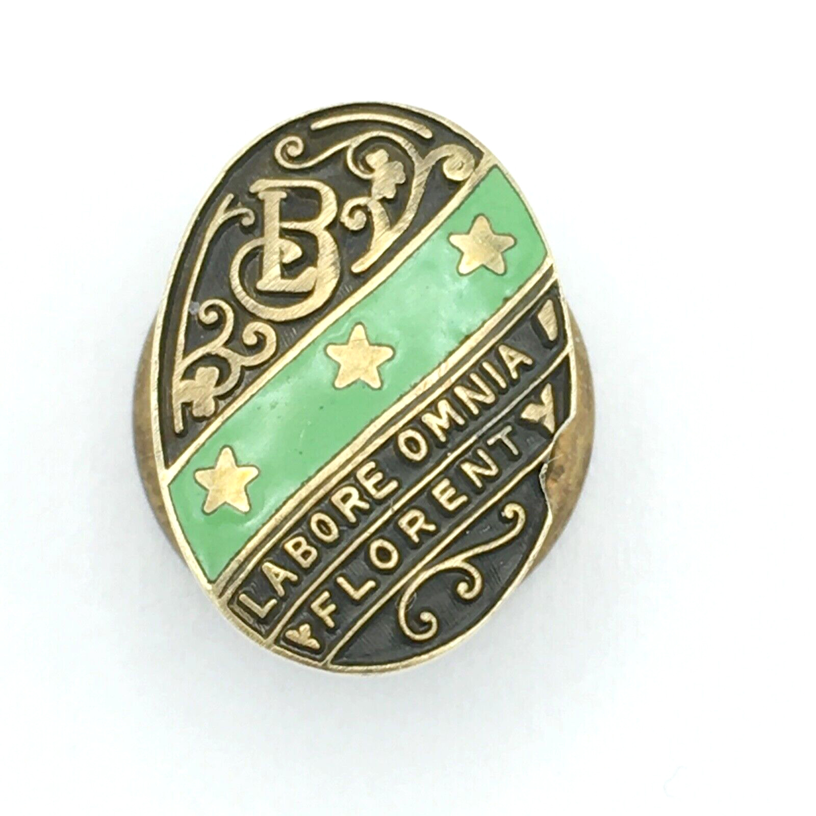 10K gold antique lapel pin w screw back - 1926 Labore Omnia Florent green enamel