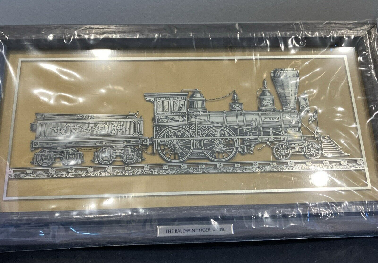 1856 Baldwin Tiger Locomotive Franklin Mint Sterling Silver Silhouette Framed