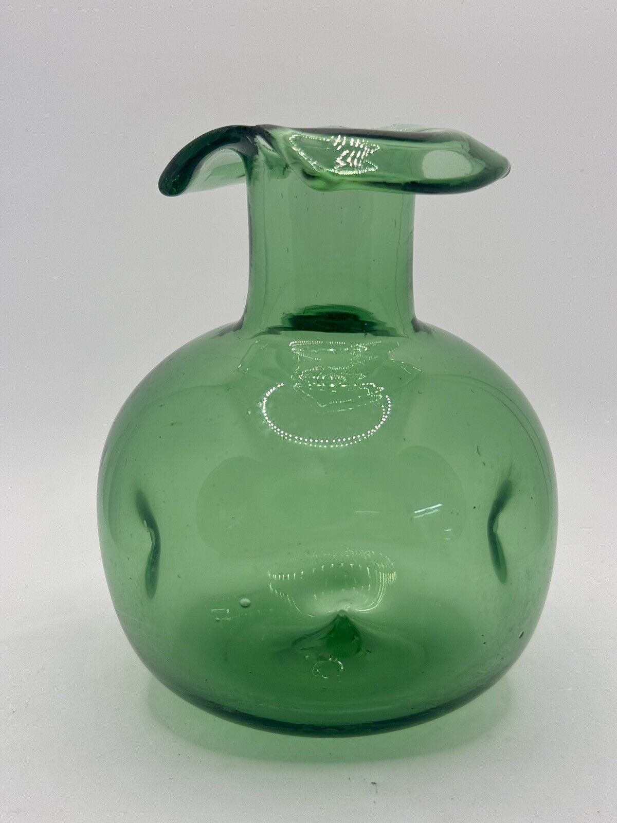 Vintage Empoli Verde 1970's Italian Green Glass Dimpled Vase 4.5”