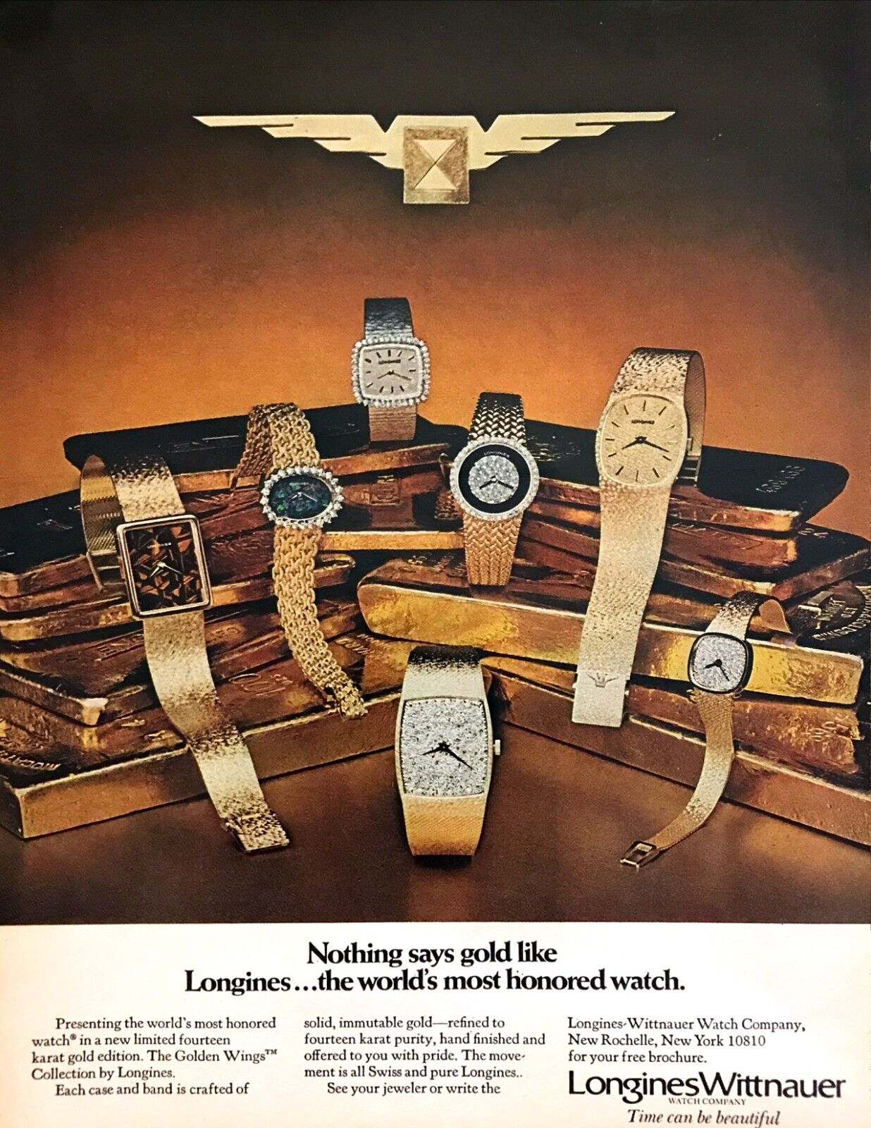 1977 Longines Wittnauer The Golden Wings 14kt Gold Watch photo vintage print ad
