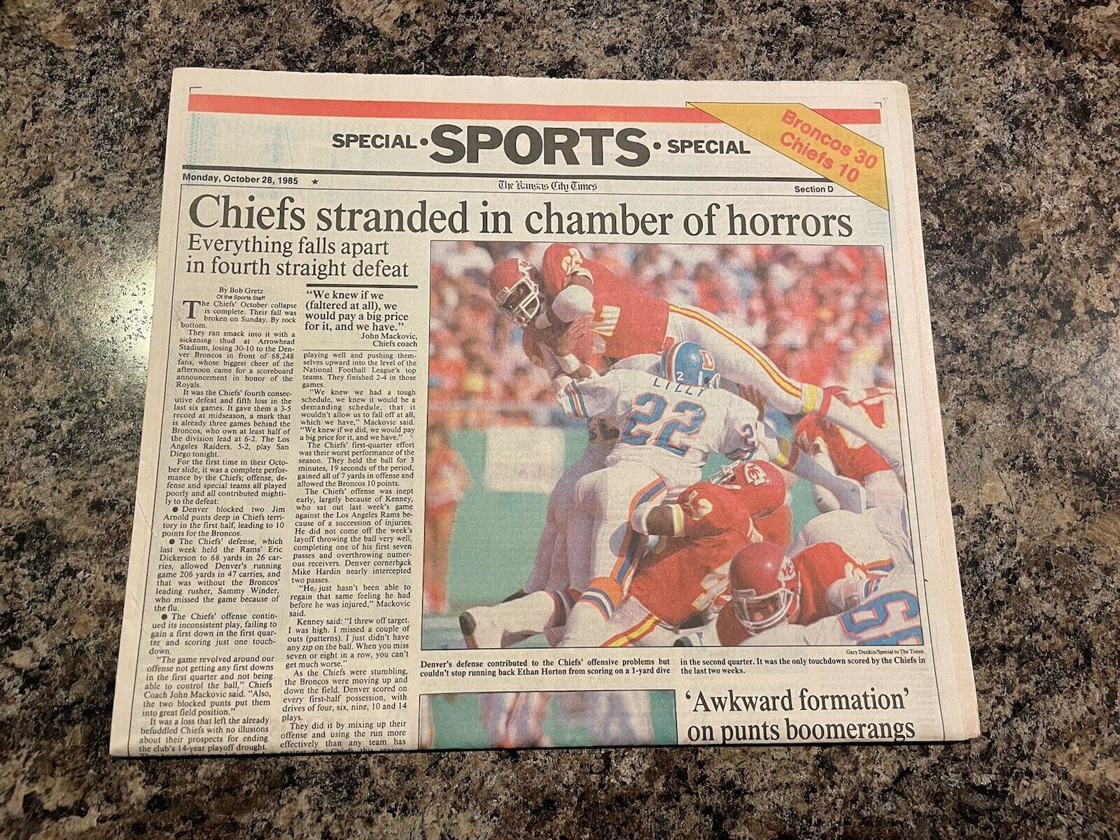 1985 Kansas City Chiefs v Denver Broncos Football Newspaper