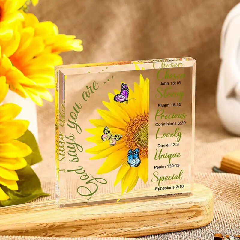 Sunflower Bible Religious Desk Decor Acrylic Heart Decoration Plaque [US Seller]
