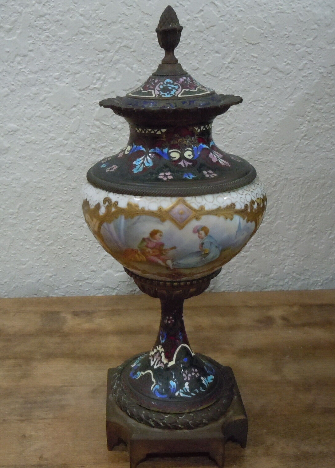 Antique French Sevres Style Porcelain and Bronze Urn ~ Artist Signed  ~ Repaired