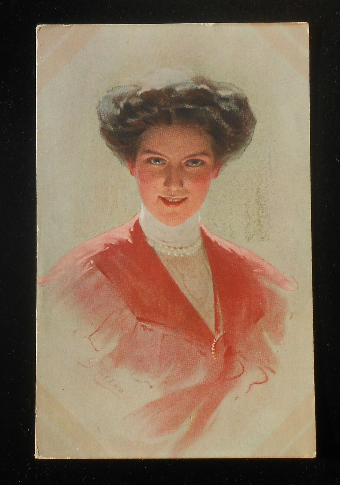 1900s Captivating Beautiful Girl Pearl Necklace Pink Dress Artist Signed G Ellka