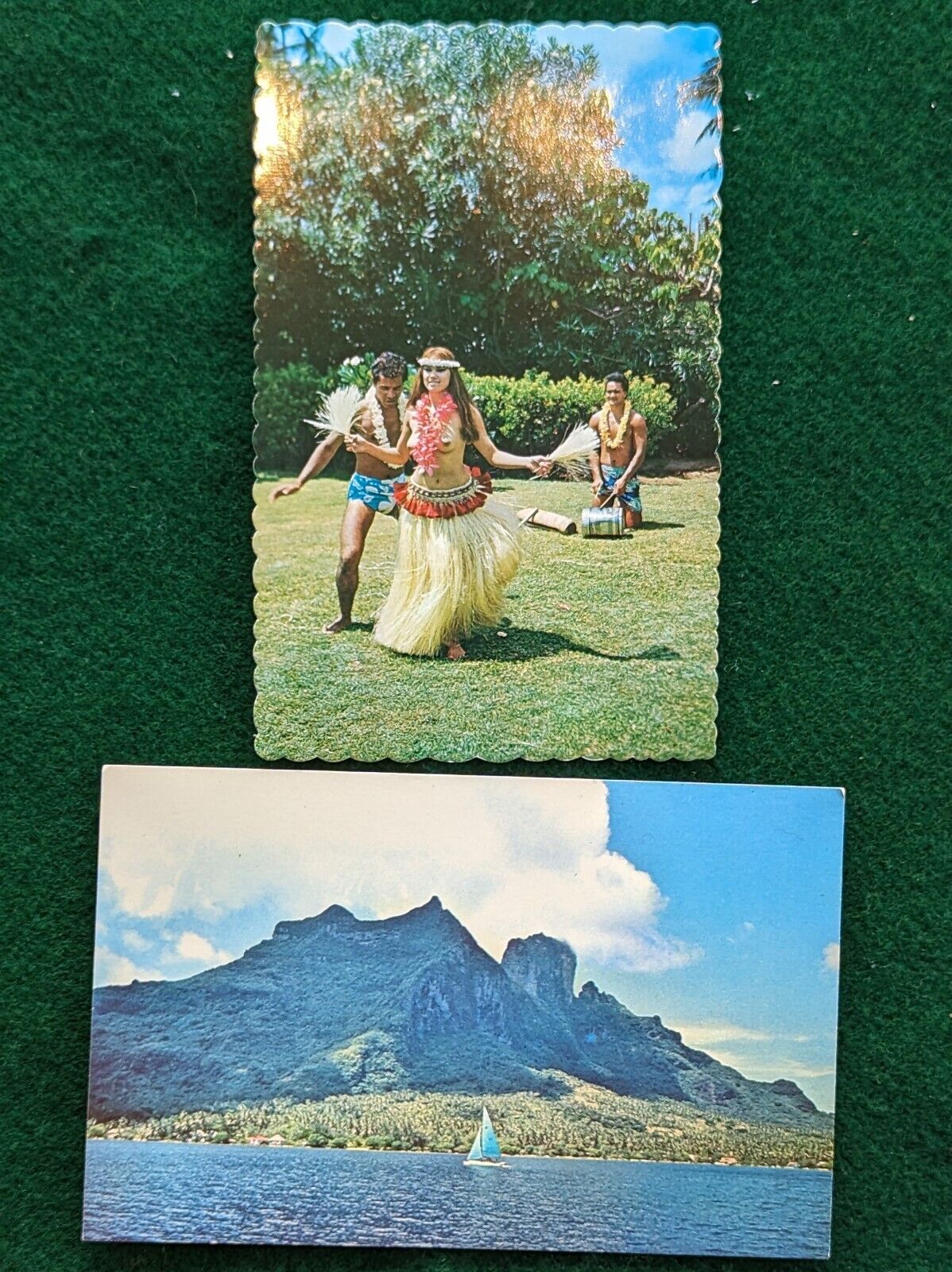 2 Vintage Chrome Postcards of Polynesia: Bora Bora and Tahitian Dancer