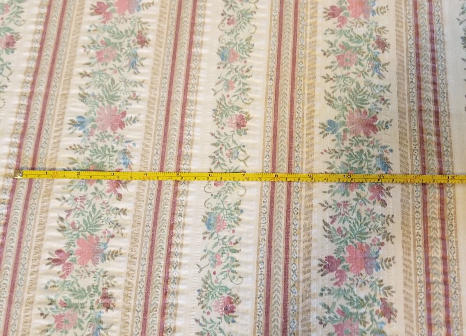 Vintage Seersucker Fabric Cream Floral Stripe Green Rose 1.5 Yards