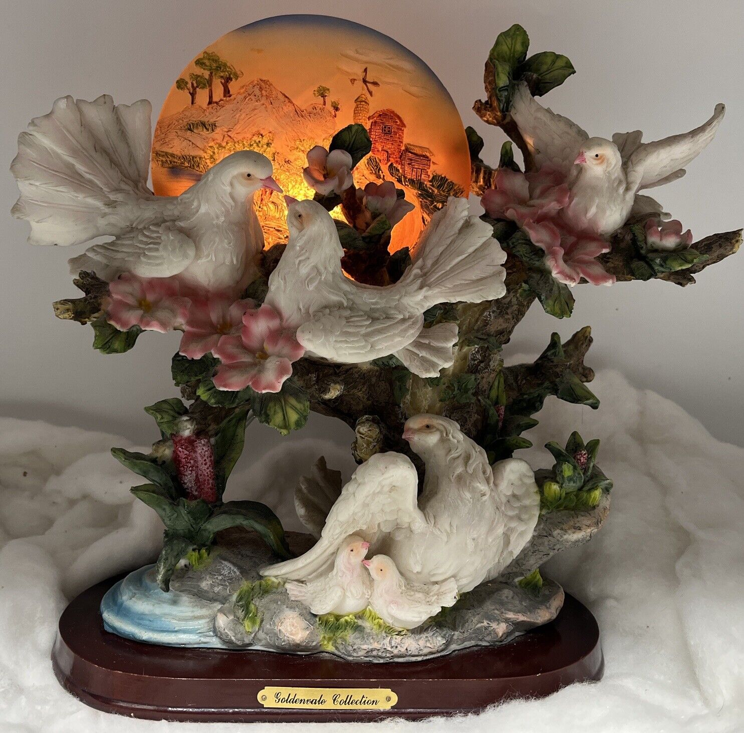 Goldenvale Collection White Dove Bird Porcelain Lighted Wood Base Display