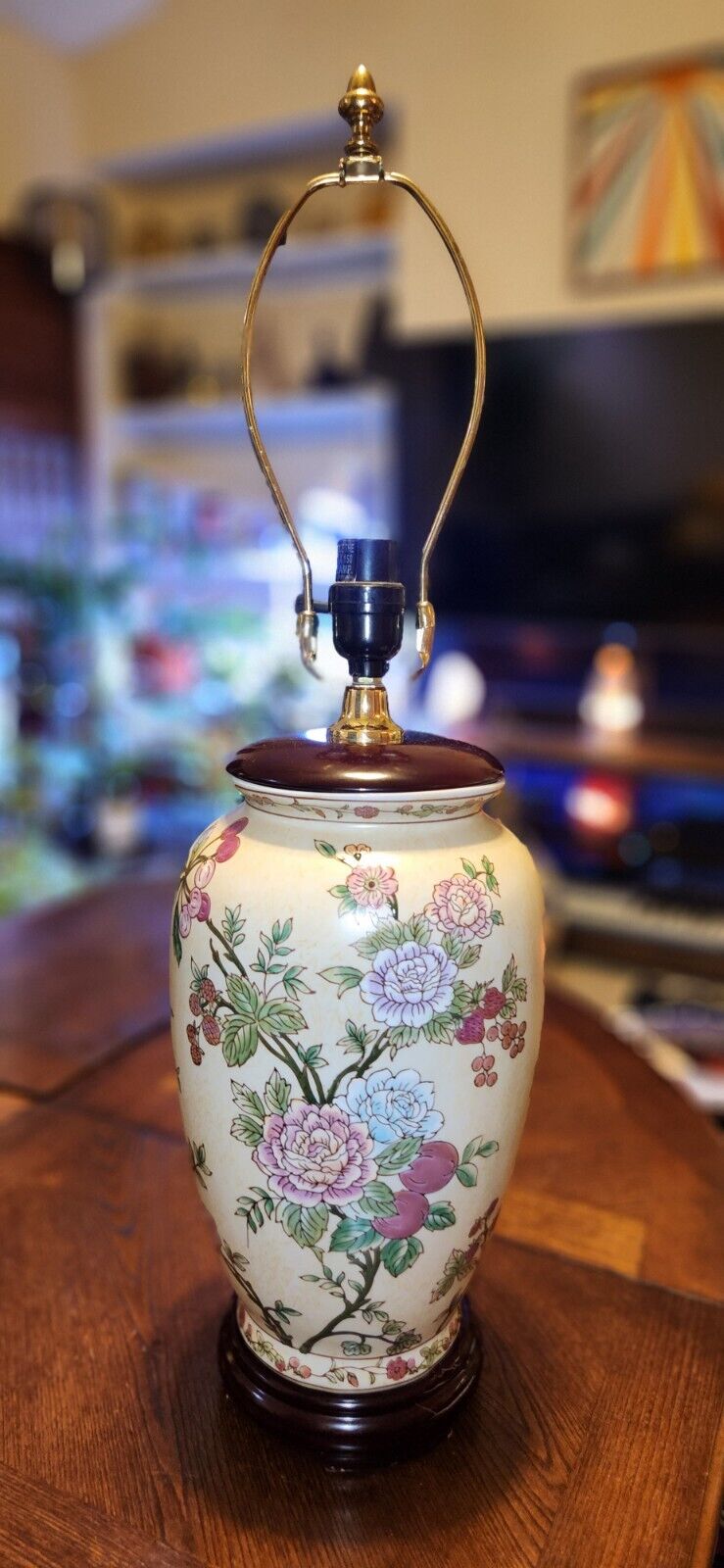 Vintage 70\'S Porcelain Oriental Asian Table Lamp Impasto Painting  24\