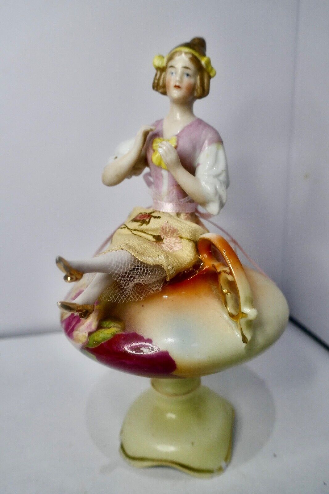 Antique German Half Doll W/ Legs Sitting On Antique Porcelain Urn Arms Away