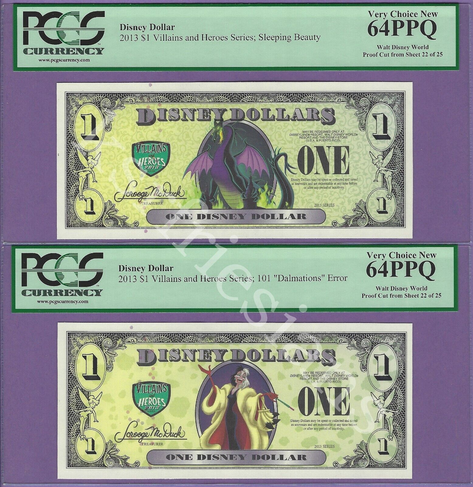 2013 D $1 PROOF Disney Dollars RARE FULL SET 4 From Sheet #22 W/ CRUELLA ErRoR