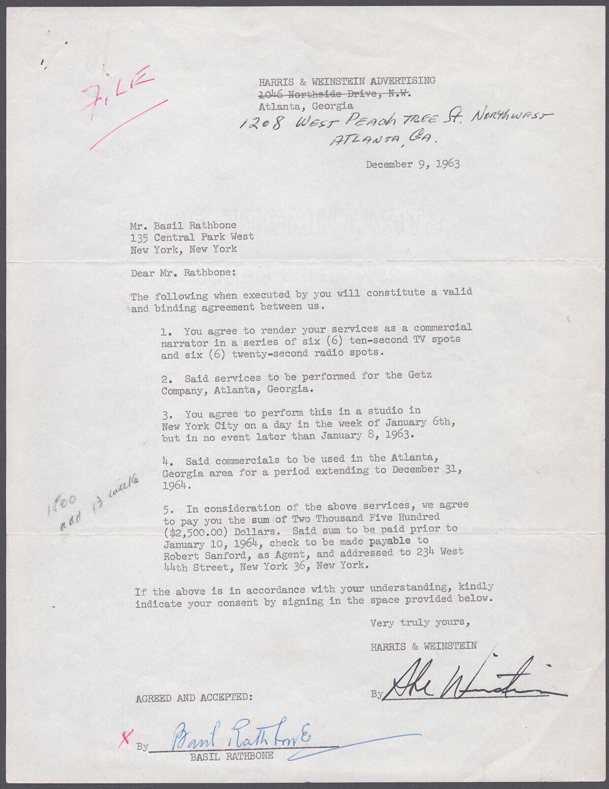 BASIL RATHBONE - CONTRACT SIGNED 12/09/1963