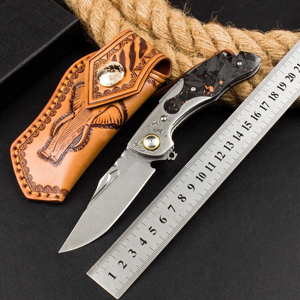 8\'\'New Fast Opening Crushed CarbonFiber Handle Damascus Blade Pocket Knife VTF81