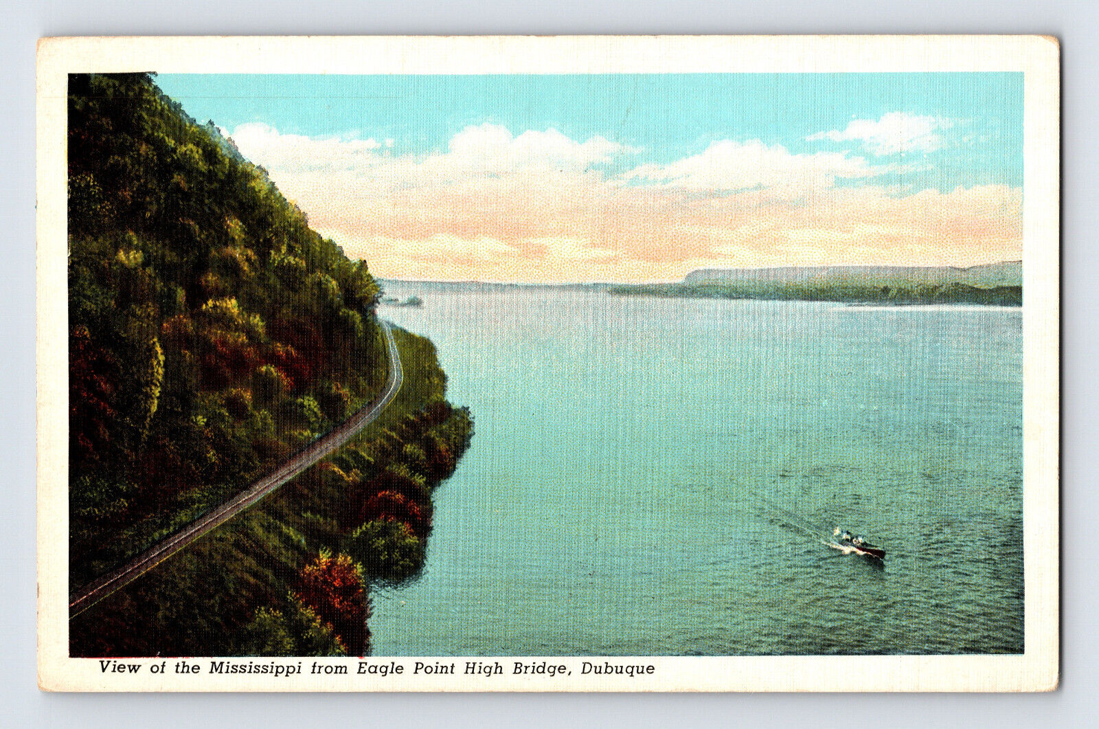 Postcard Iowa Dubuque IA Eagle Point High Bridge Railroad Boat 1930s Unposted 
