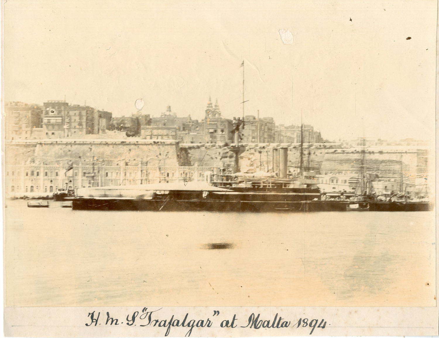 Asia, HMS Trafalgar in Malta Vintage Albumen Print. 13x18 Citrate Print 