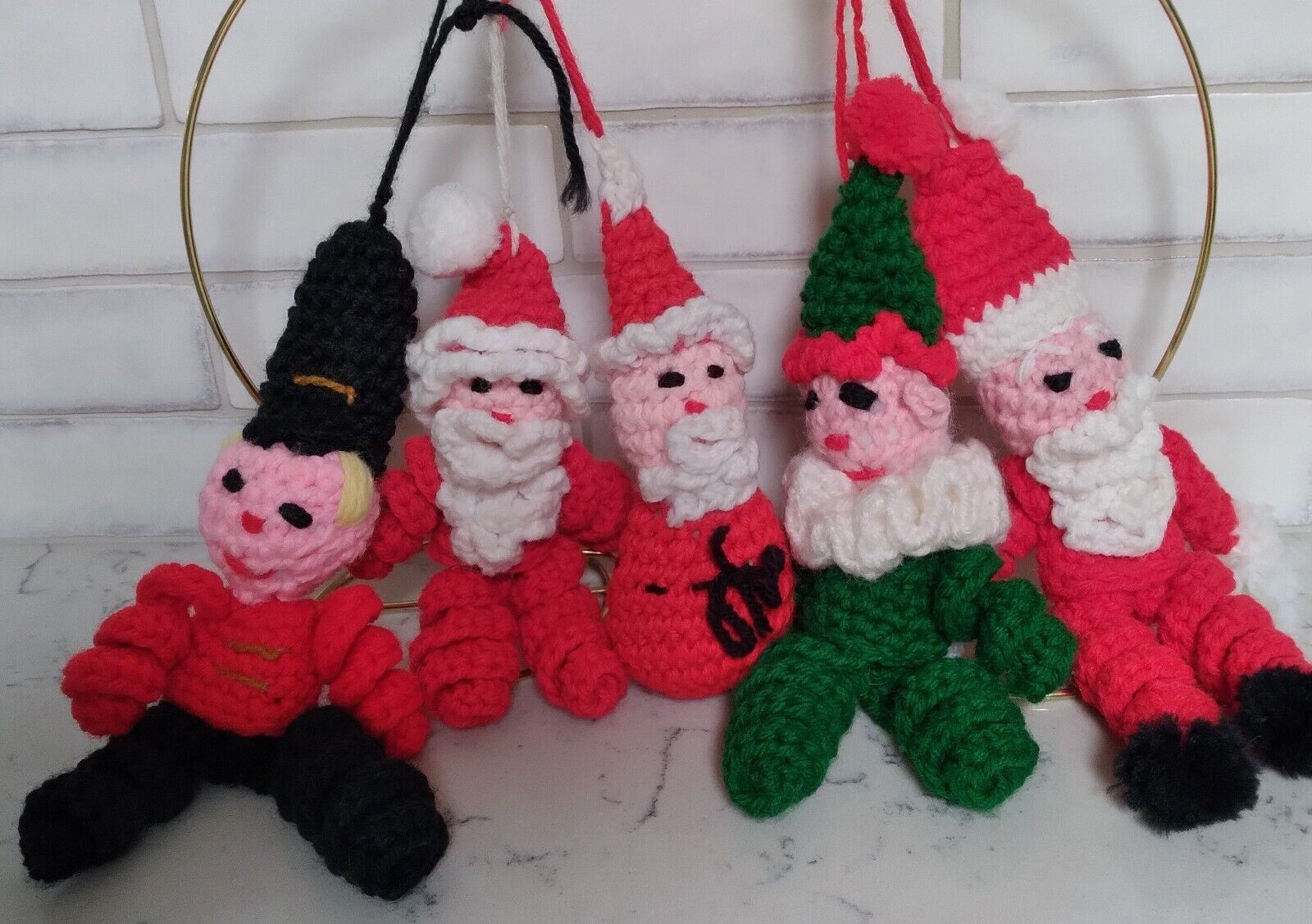 NOS Handmade Knit Christmas Unbreakable Ornaments Santa\'s Soldier Elf Lot Of 5 