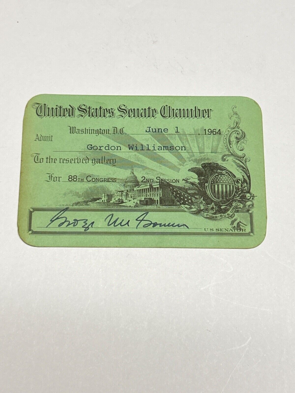 1964  George McGovern Signed U.S. Senate Chamber Reserved Gallery Card Free P&H