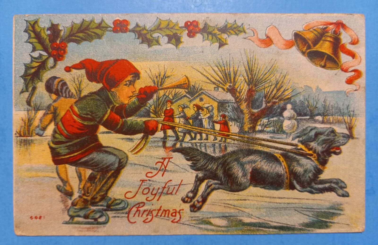 Vintage C. 1908 CHRISTMAS Postcard ~ Skating Children ~ Dog Pulling Boy