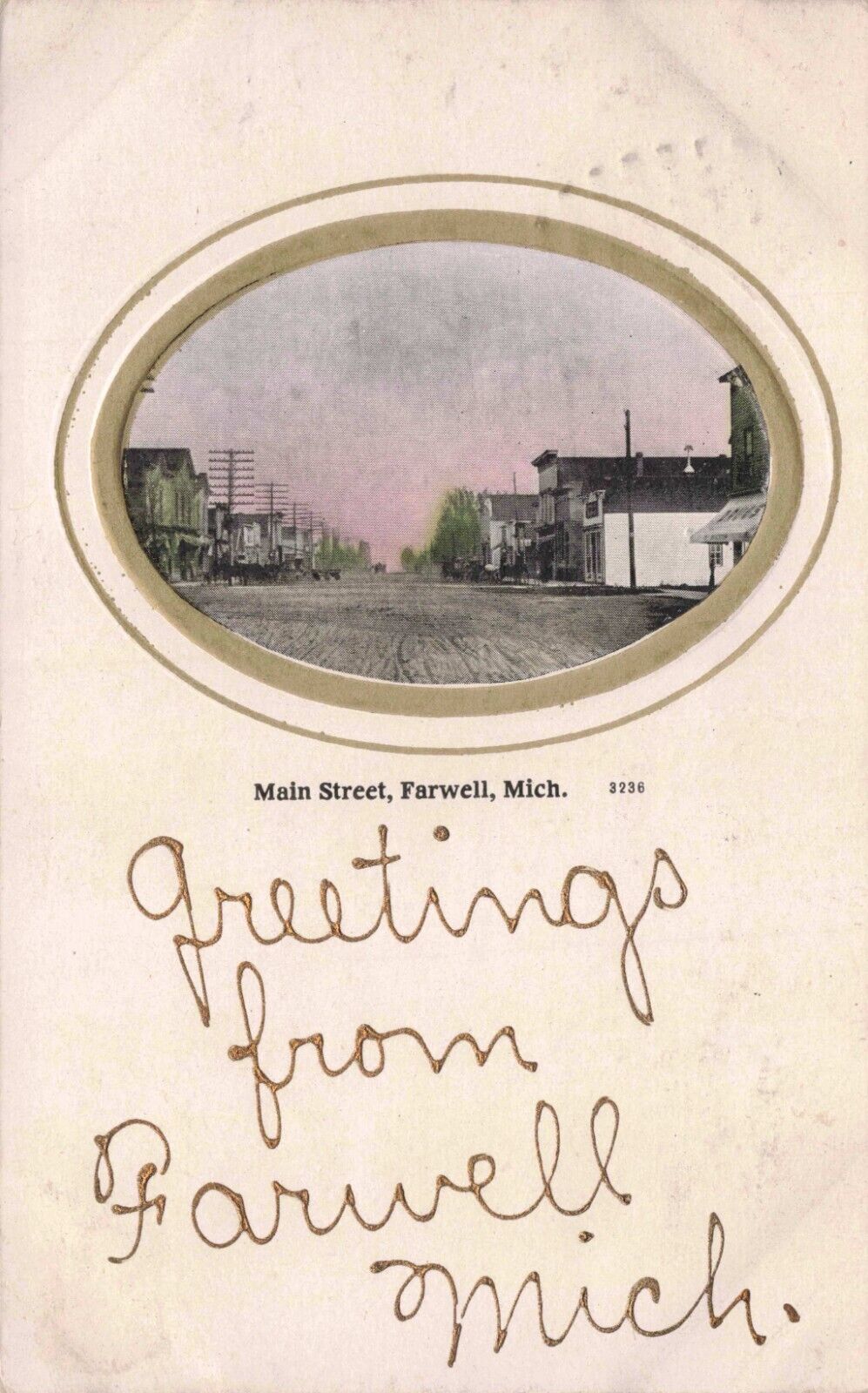 1909 Greetings from Farwell Michigan Main Street View Card 3236 Vintage Postcard
