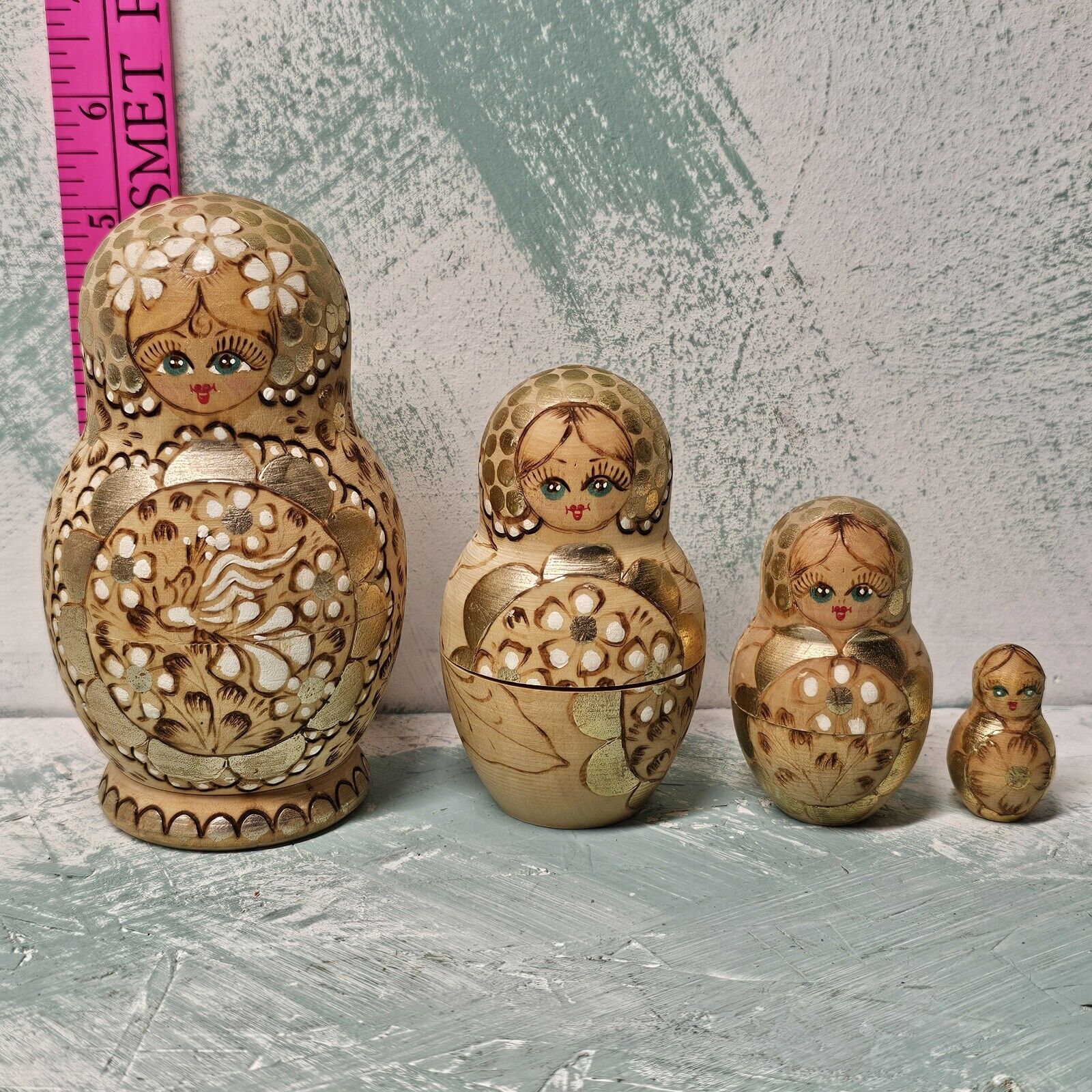 *see Crack* RUSSIAN 4 Nesting Dolls Wooden Natural Wood 3.125” - 1.5” Vintage