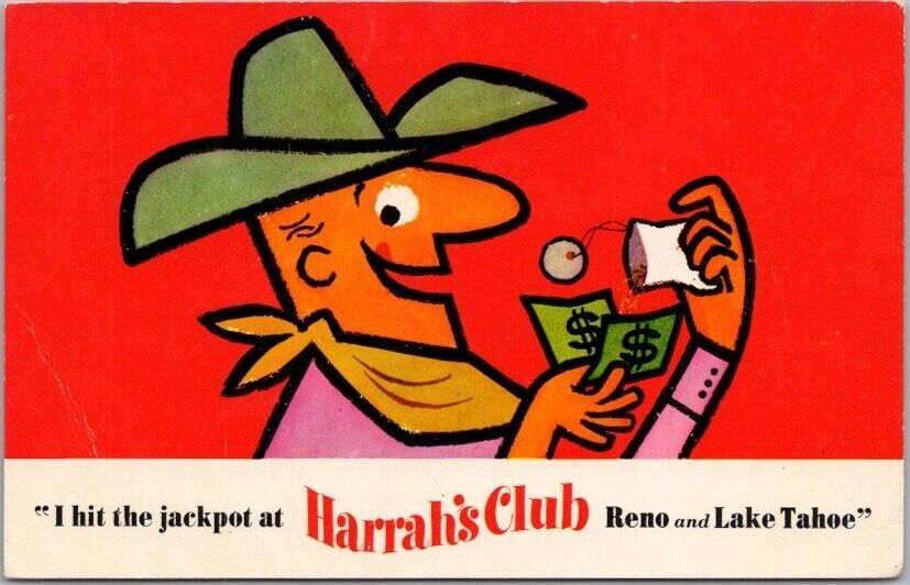 c1960s HARRAH\'S CLUB CASINO Reno & Lake Tahoe Nevada Postcard Cowboy / Cigarette