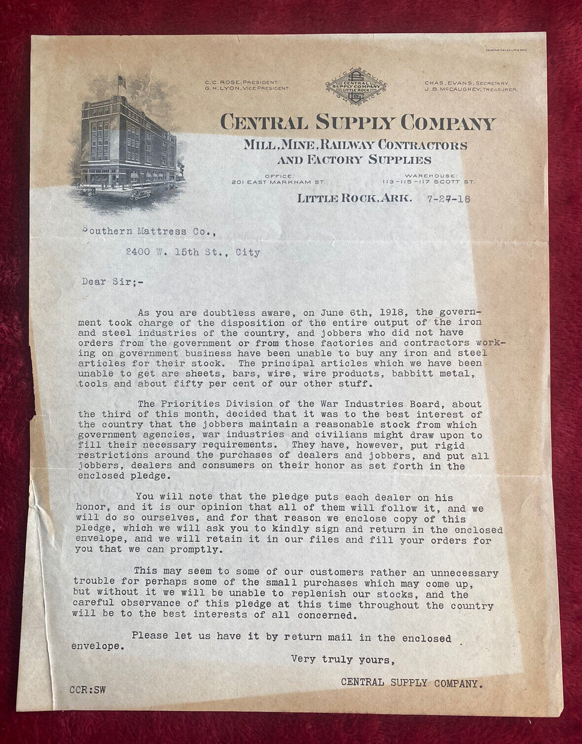 Vintage 1918 Central Supply Co of Little Rock Arkansas Letterhead Paper