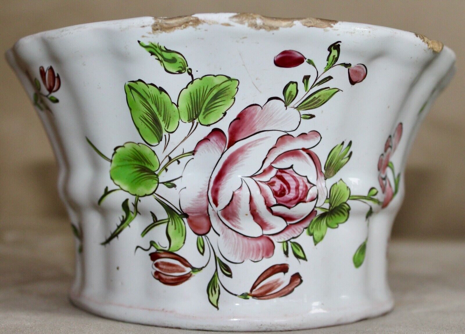 ULTRA RARE 18TH C STRASBURG FRENCH FRANCE POTTERY BOUGH BULB POT CABBAGE ROSES