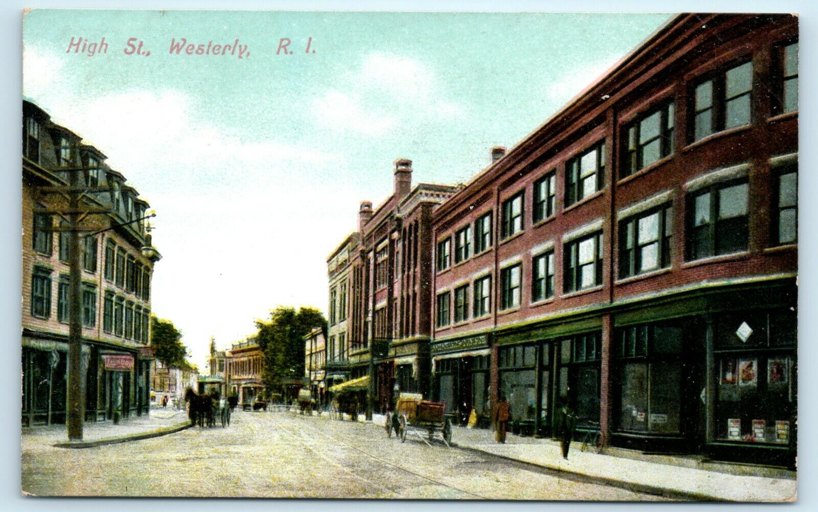 POSTCARD High Street Westerly Rhode Island 1913 Storefronts Wagons Horses