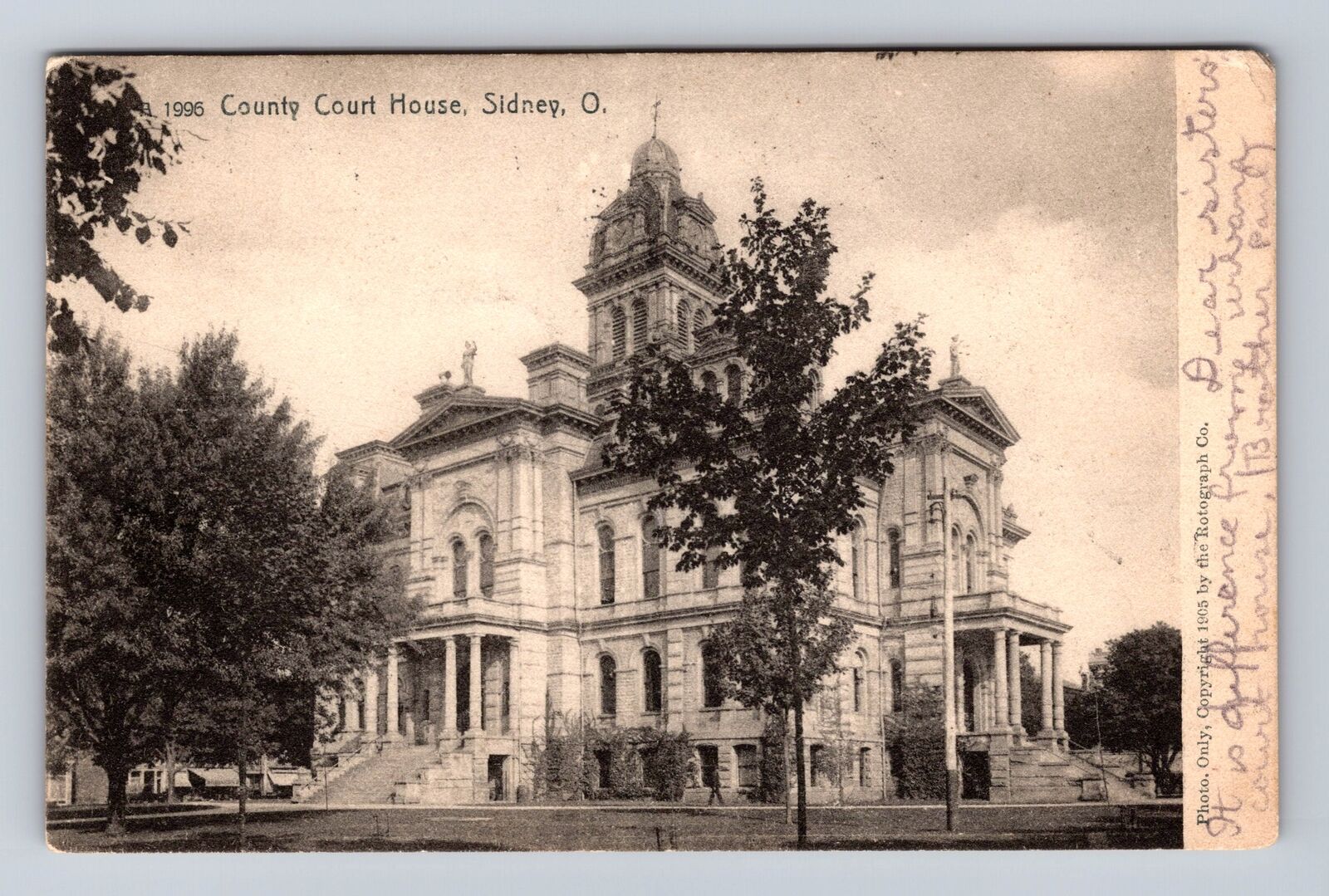 Sidney OH-Ohio, County Court House, Antique Vintage c1907 Souvenir Postcard