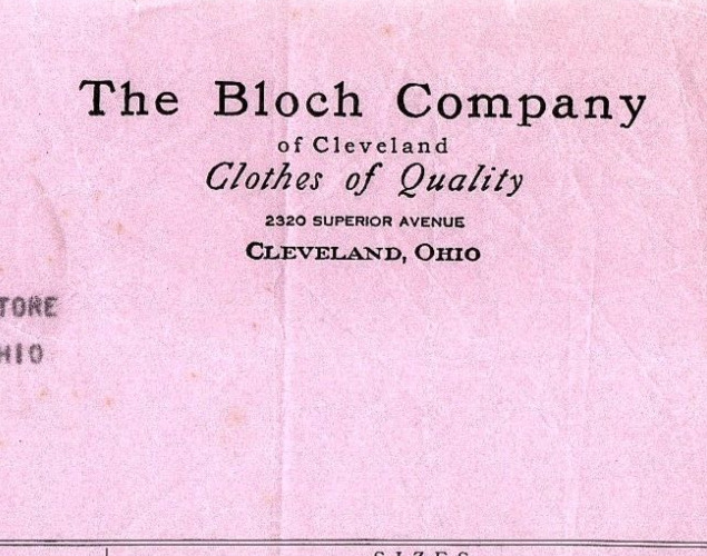 1930s THE BLOCH COMPANY CLEVELAND OH CLOTHES OF QUALITY SHIPPING SHEET Z2280