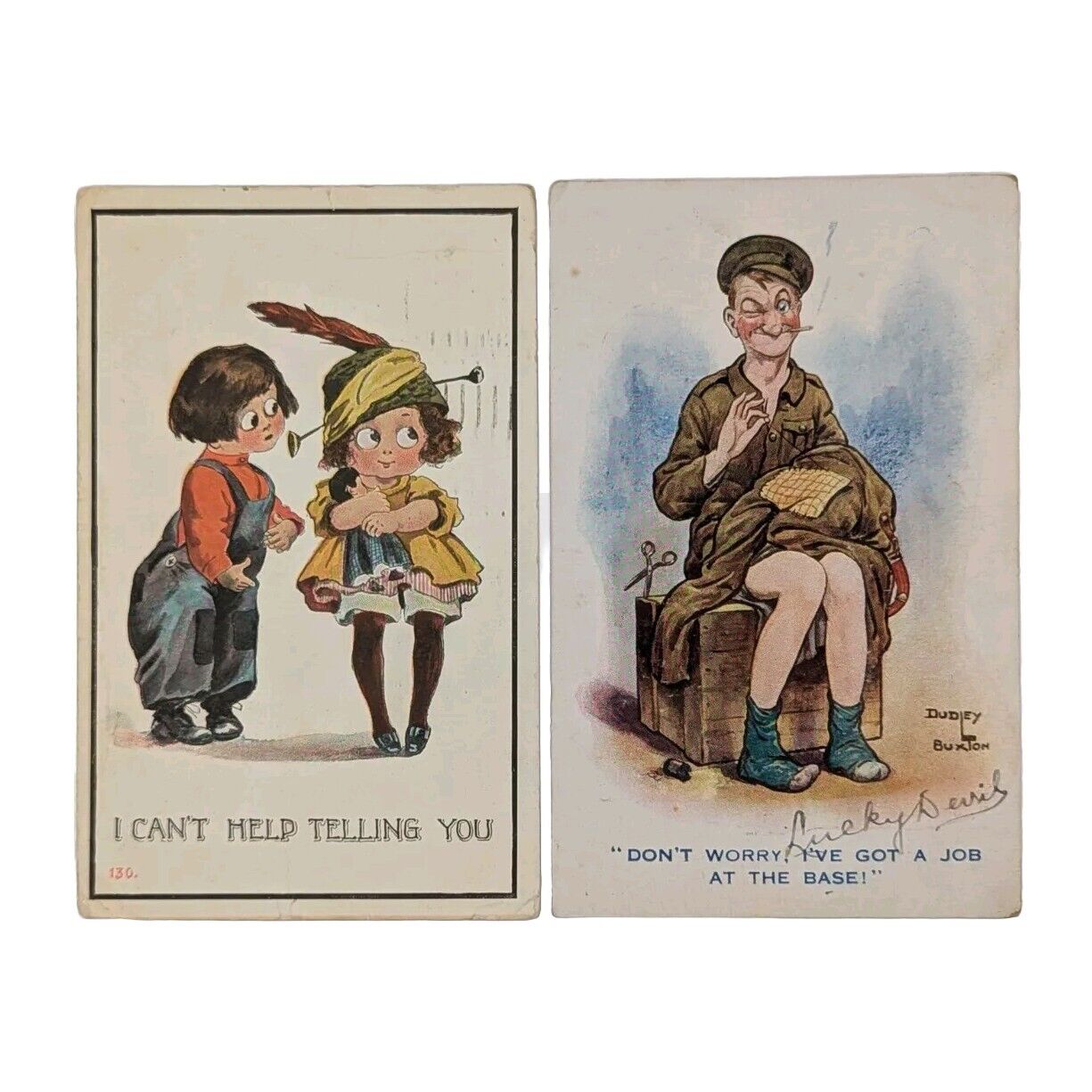 1910\'s Funny Postcard Lot/2, Dudley & Burton Army Cartoon, 1 Cent Stamp