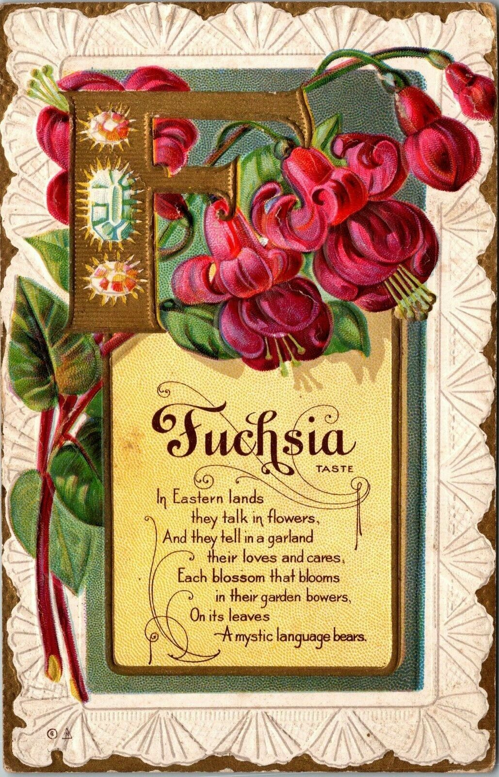 Postcard~Fuchsia~Flower~Poem~Greetings~Motto Series No 6~c1912~E. Nash~Unposted